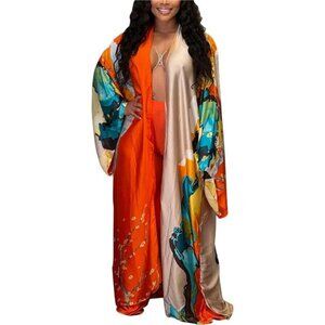 Women's Floral Print Satin Robe Kimono Cardigan Open Front Long Cover